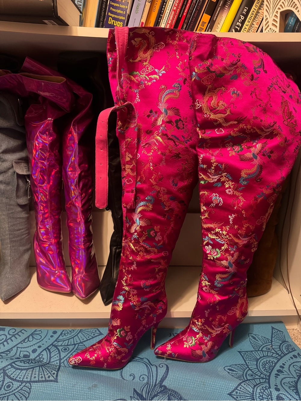 Fuchsia Brocade Over-the-Knee Stiletto Boots - Picture 2 of 5
